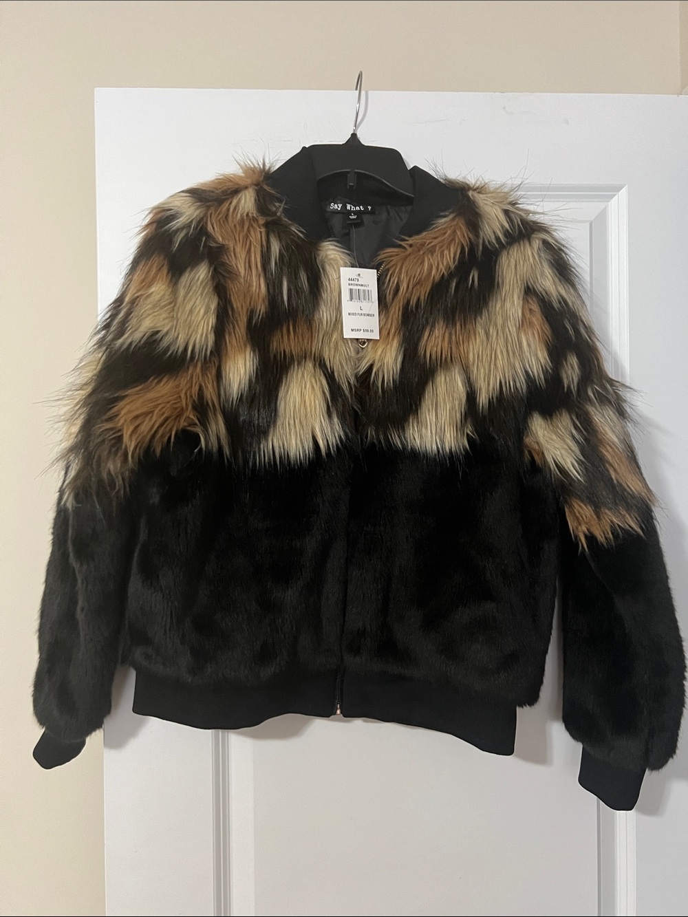 Say What? Faux Fur Jacket in Black, Tan & Cream